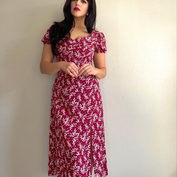 Burgundy Floral Midi Dress with side slit - Picture 10 of 11